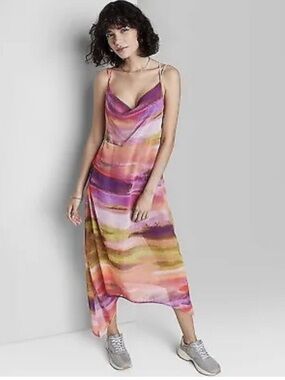 wild fable Watercolor Stripe Midi Slip Dress in Pink, Purple & Green